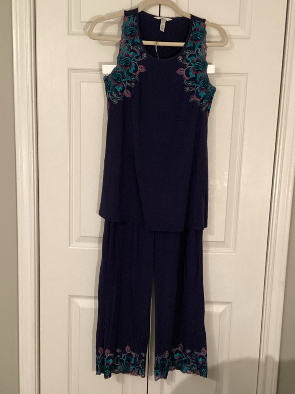 Soma Navy Sleeveless Pajama Set with Teal and Lavender Floral Embroidery Small